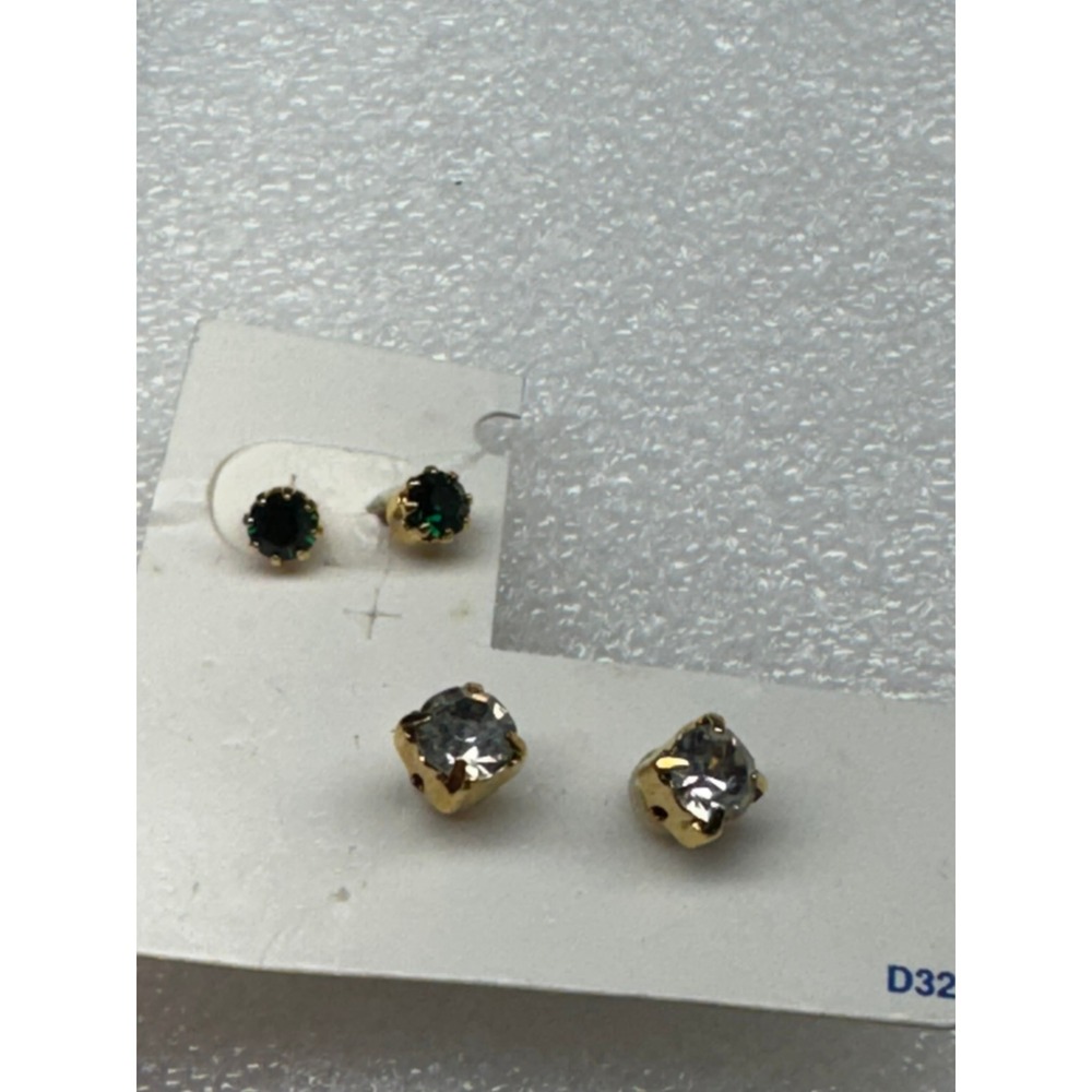 Gold Tone Stud‎ Earrings Set Green and Clear Rhinestone Studs